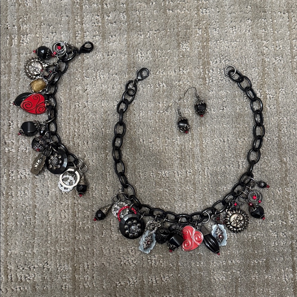 Black and Red Charm Necklace, Bracelet & Earrings